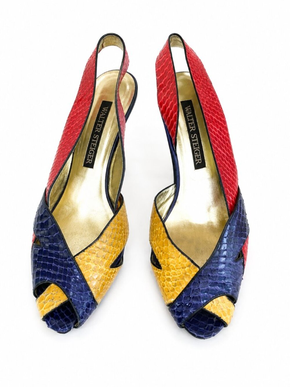 Walter Steiger Snakeskin Textured Leather Peep Toe Slingback Heels Italy 8.5